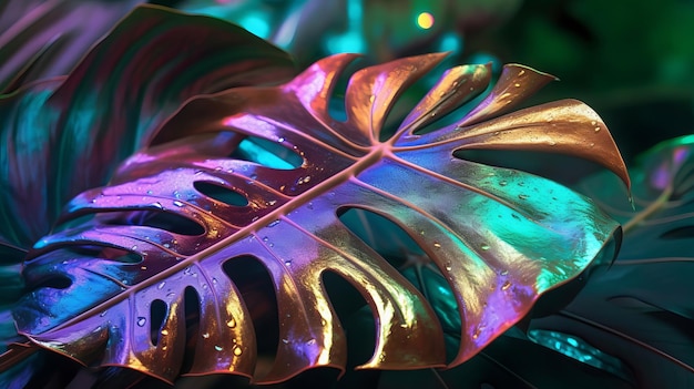 Closeup see of characteristic holographic monstera leaf Creative resource AI Generated