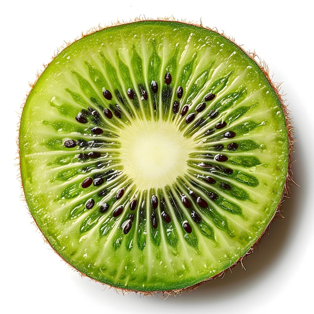 Closeup of seedless kiwi slice on white background artistic food photography