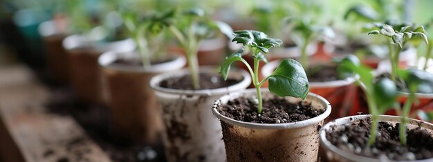 closeup of seedlings in pots on the table
