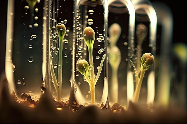 Foto primo piano dei semi che germinano in provette con goccioline d'acqua visibili