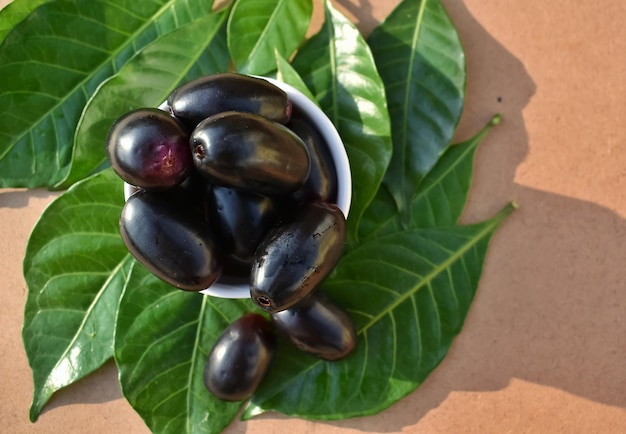 A closeup selective focus picture of black jamun or eugenia jambolana or aro black jambolan plum on a green leaves