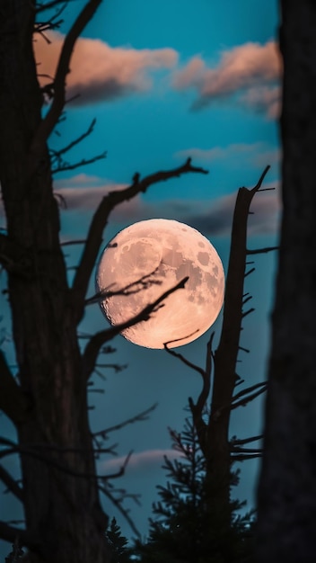 Foto scatto selettivo di primo piano della luna con gli alberi