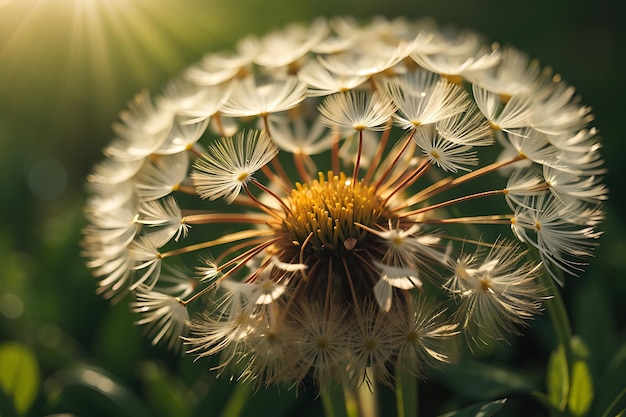 Closeup selective focus view of an amazing common dandelion under sunlight