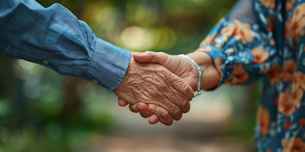 Closeup of a senior couple holding hands while walking in the park