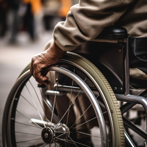 Photo closeup of a senior person in a wheelchair