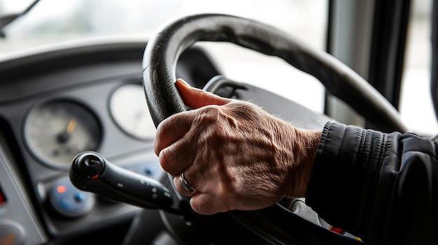 Closeup of a seniors hand on a vehicle steering wheel dashboard in background