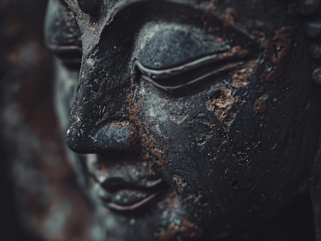 A closeup of a serene and tranquil Buddha statues face in standard scale