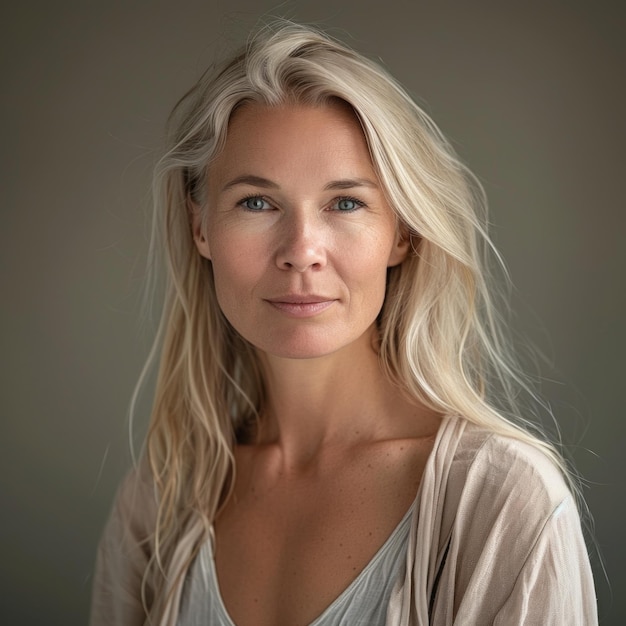 Closeup of a serene woman with a subtle smile and natural look