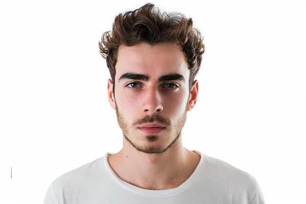 Photo closeup of serious boy on white isolated background