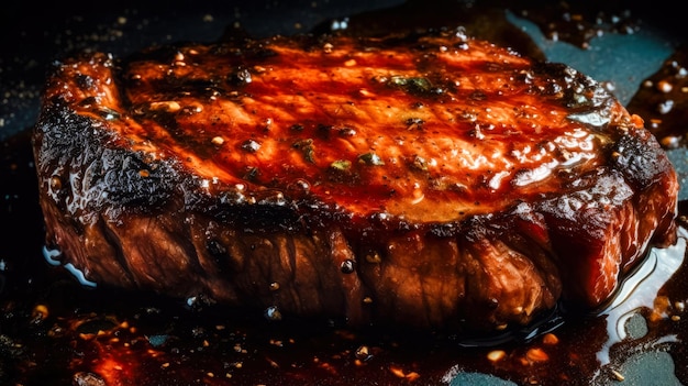 Photo closeup of served delicious medium rare stake with spices good food