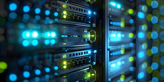 closeup of server hardware with led status indicators showing ongoing data processing concept server hardware led status indicators data processing closeup view technology setting