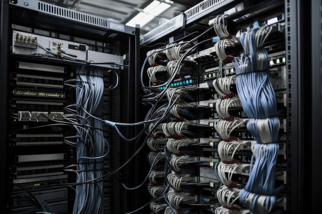 Closeup of server room with dozens of servers and cables visible created with generative ai