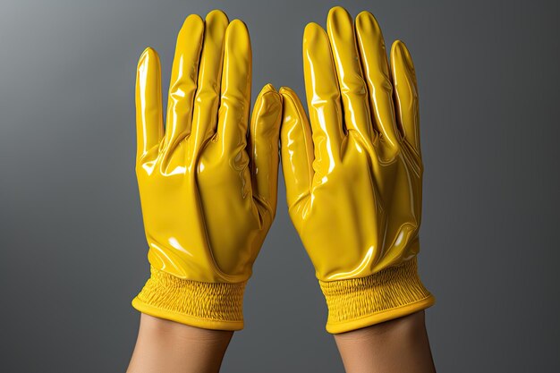 Closeup of a set of female hands in yellow rubber gloves