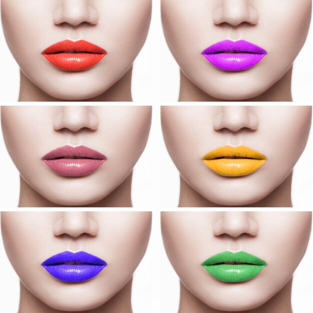 Photo closeup set of woman lips with different color of lipstick