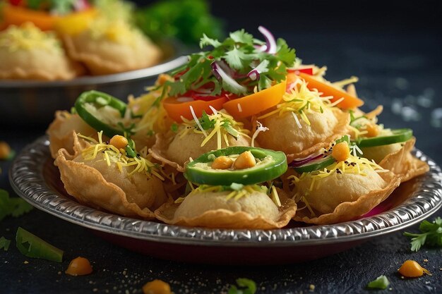 Photo closeup of sev puri topped with fresh veggies