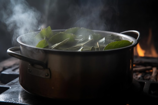 Photo closeup of several bay leaves simmering in a pot aromatic cooking ingredient