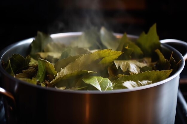 CloseUp of Several Bay Leaves Simmering in a Pot Aromatic Cooking Ingredient