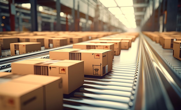 Closeup of several cartons of cardboard boxes moving smoothly on a conveyor belt in a warehouse fulfillment center Generative AI