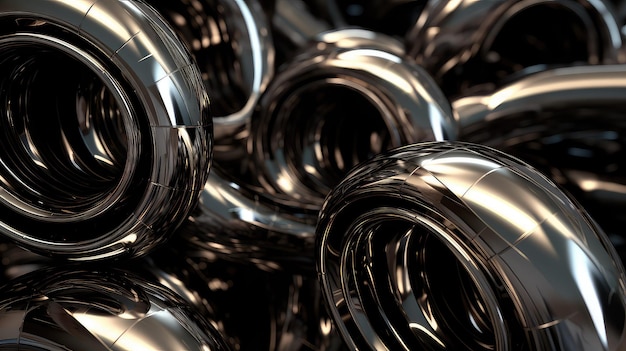 Closeup of several cylindrical steel pipes stacked together industrial metal pipes with reflective surface