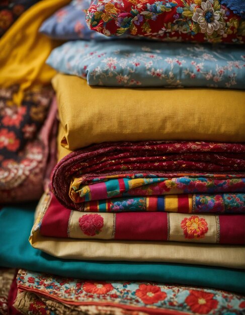 Closeup of several fabrics from different cultures stacked on top of each other