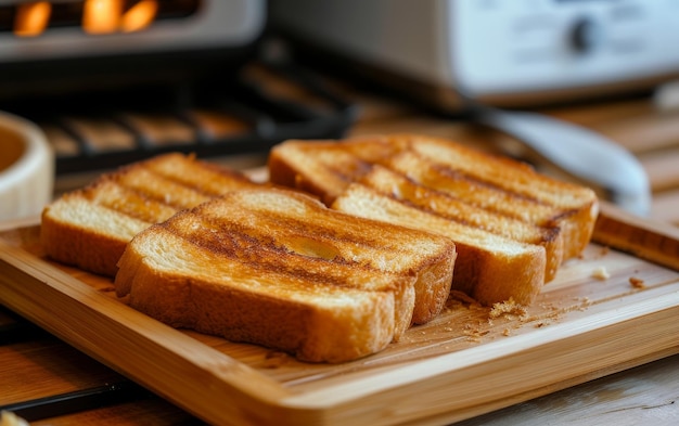 Photo closeup of several golden brown toasts on a wooden tray with a toaster in the background