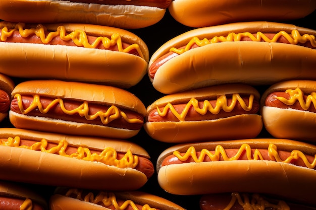 Photo closeup of several hot dogs filling the frame