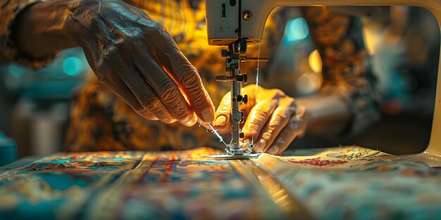 CloseUp of Sewing Machine Needle Working on Dotted Orange Fabric