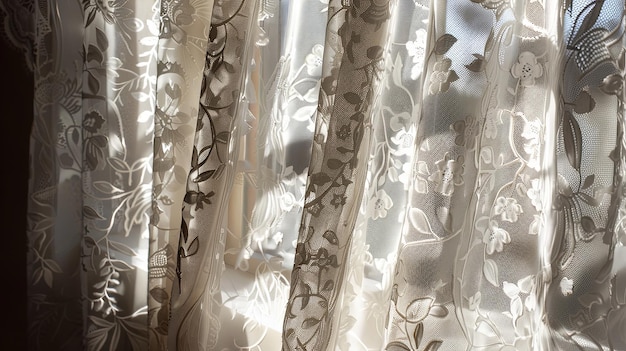 Closeup of shadows cast by delicate lace curtains adding a touch of elegance and sophistication to an interior space