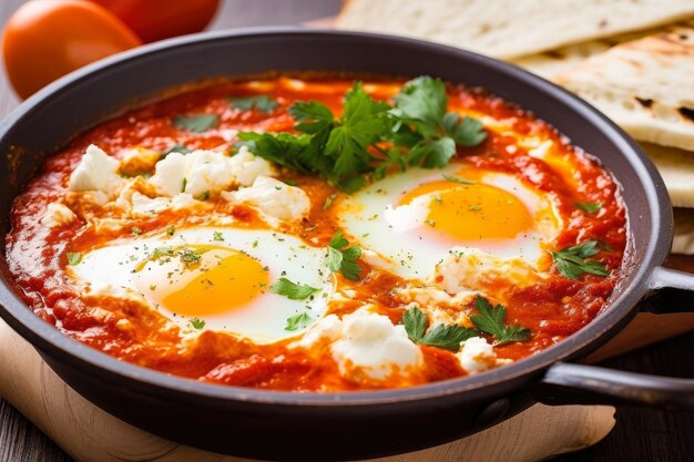 Closeup of Shakshuka in a ceramic bowl with perfectly cooked eggs creamy feta cheese