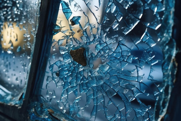 Photo closeup of a shattered window with scattered glass pieces created with generative ai