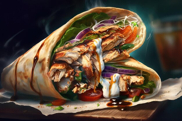 Closeup of shawarma sandwich with juicy chicken and tangy sauce visible created with generative ai