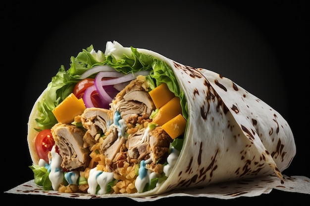 Closeup of shawarma wrap with juicy chicken and toppings visible created with generative ai