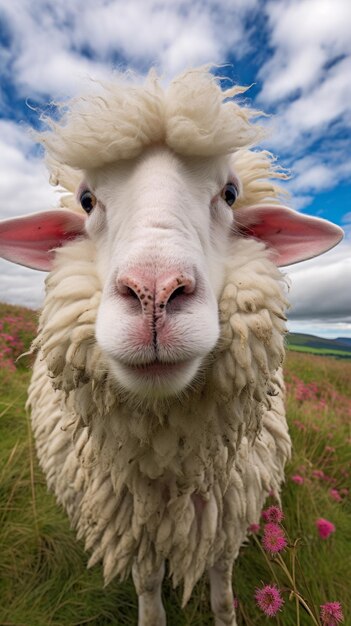 Closeup of a sheep looking at the camera with a funny expression on its face