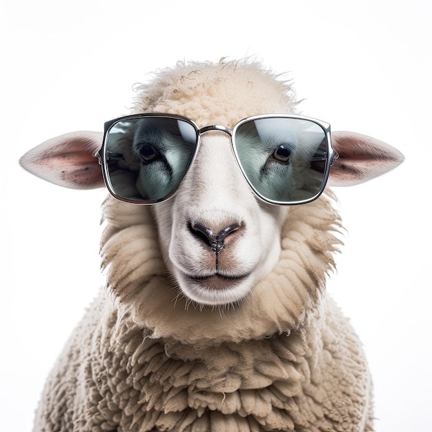 Closeup of Sheep with sunglasses on white background