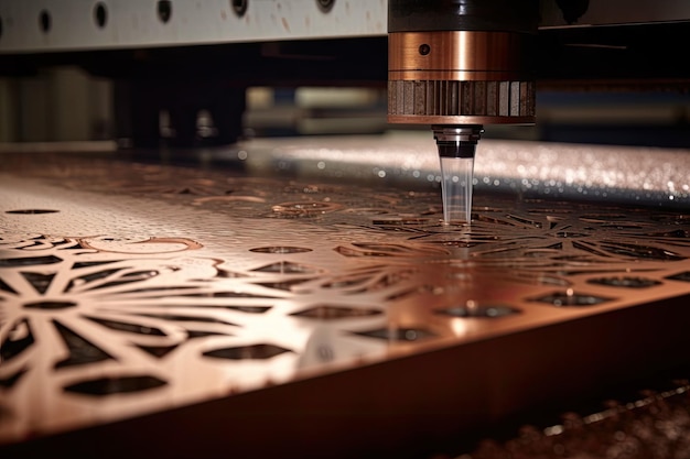 Closeup of a sheet of metal being cut using laser or waterjet