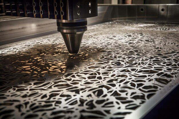 Closeup of a sheet of metal being cut using laser or waterjet