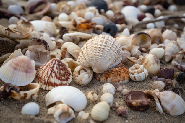 Closeup of shells and other beachcombing treasures created with generative ai