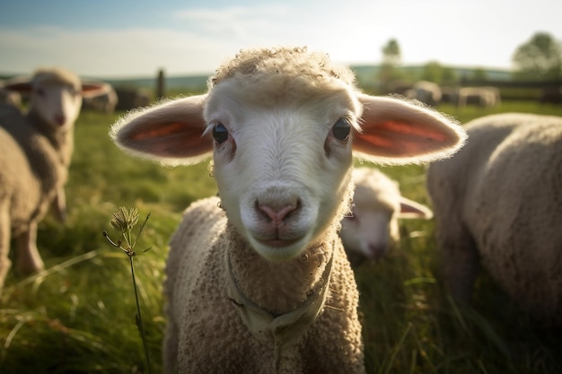 屋外で子羊の世話をする羊飼いのクローズアップ ジェネレーティブ Ai