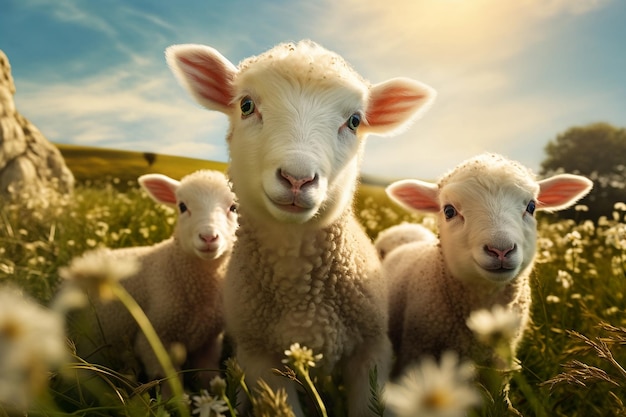 屋外で子羊の世話をする羊飼いのクローズアップ ジェネレーティブ Ai