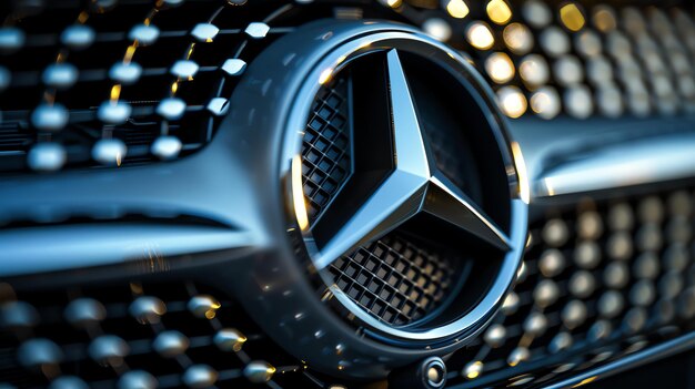 Photo a closeup of a shiny car emblem with a threepointed star in the center the emblem is surrounded by a black grille with chrome accents