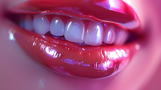 Closeup of shiny lip gloss on lips perfect for beauty and makeup themes captivating smile highgloss finish ideal for cosmetics marketing AI