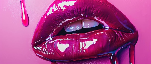 Photo closeup of shiny magenta lips with a dripping gloss effect