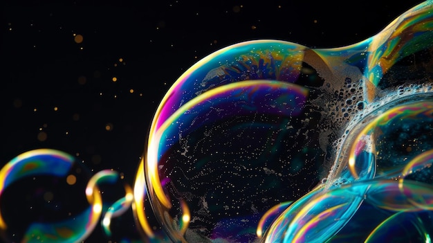 Closeup of a shiny soap bubbles with reflection on black background