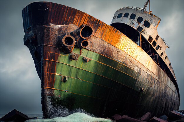 Closeup of ships broken hull after it ran aground in stormy weather