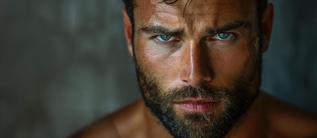 CloseUp of Shirtless Man With Blue Eyes