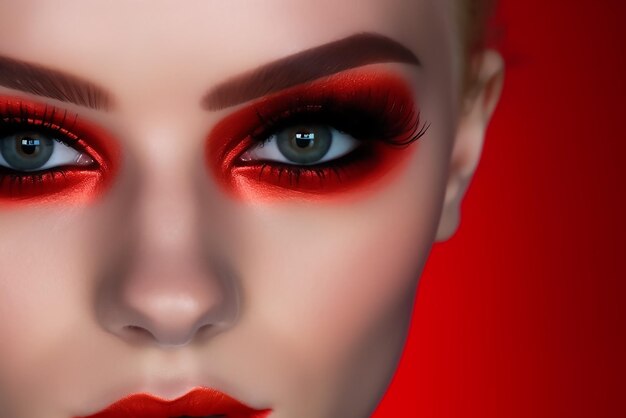 Closeup shoot of female model with bright red eye makeup