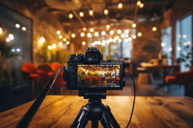 A closeup shoot of a professional camera recording vlogger talking to an audience