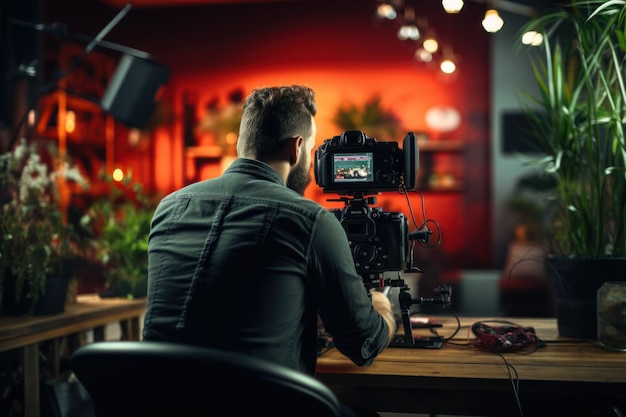 A closeup shoot of a professional camera recording vlogger talking to an audience