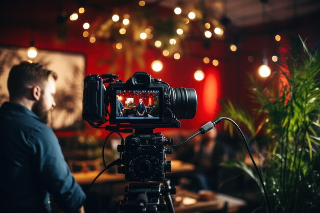 A closeup shoot of a professional camera recording vlogger talking to an audience