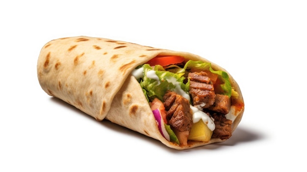 Closeup shoot of wrap shawarma isolated on white background